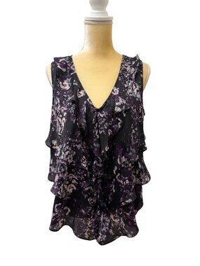 DKNY Jeans Floral Ruffle Front Sleeveless Blouse Purple Black Sheer Top Medium